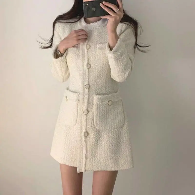 Long Sleeve Crew Neck Single Row Dress