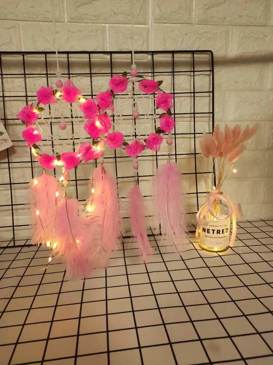 Women's Dreamcatcher Wind Chimes Room Decorative Pink Ostrich Feather Ornaments