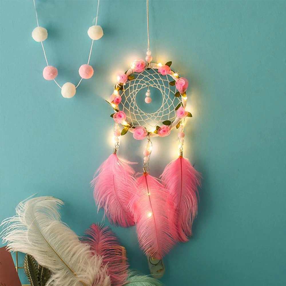 Women's Dreamcatcher Wind Chimes Room Decorative Pink Ostrich Feather Ornaments