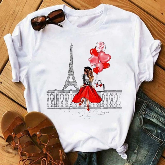 Summer Women's Short Sleeve Romantic I LOVET Shirt Print