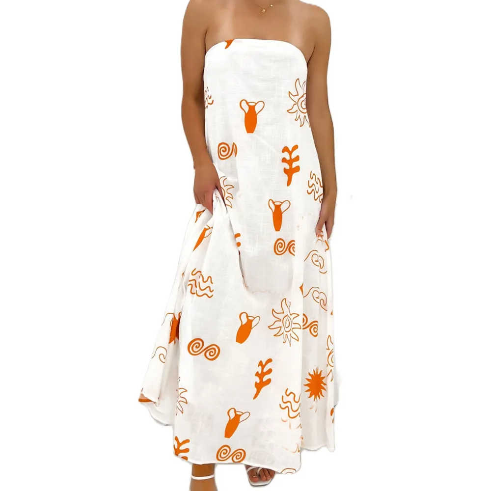 Women's Strapless Long Dress Fashion Sun Print Sleeveless Tube Dress 