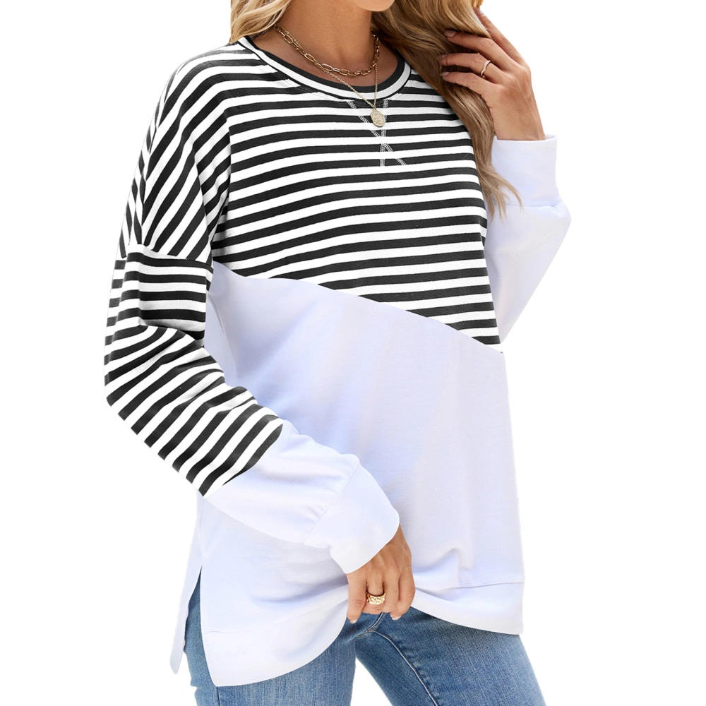 Women Cute Sweatshirts Striped Print Side Split Loose Pullovers 