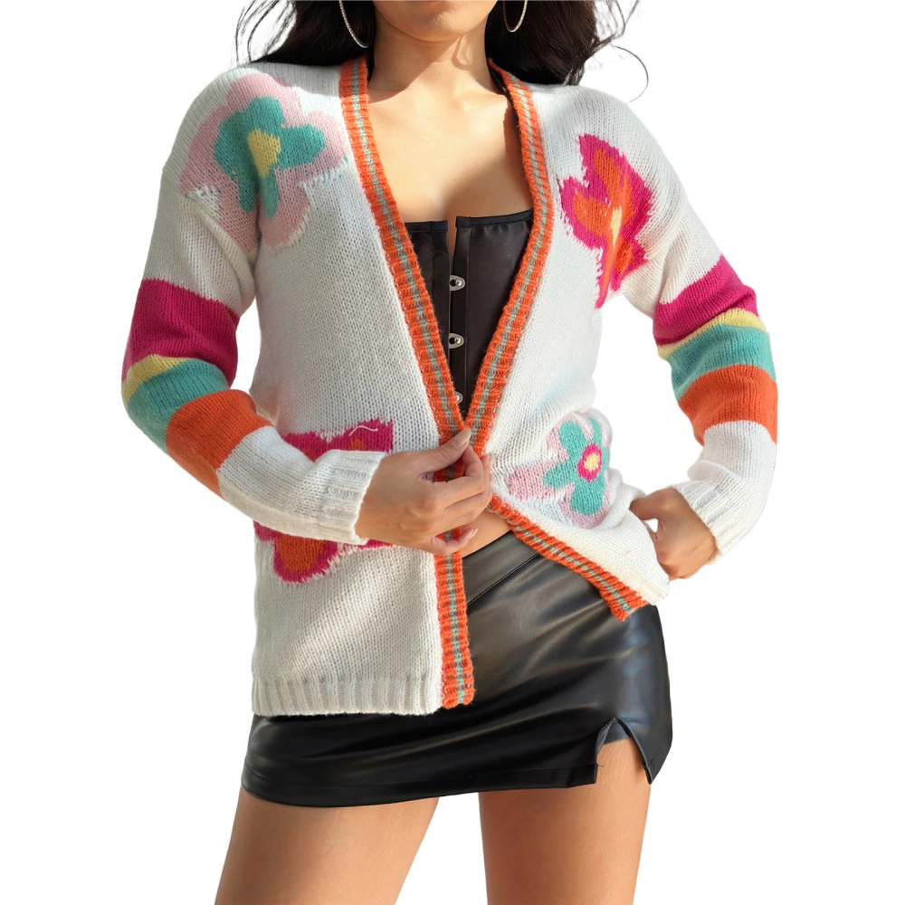 Women Knit Cardigan Colorful Floral Dropped Shoulders Sweaters