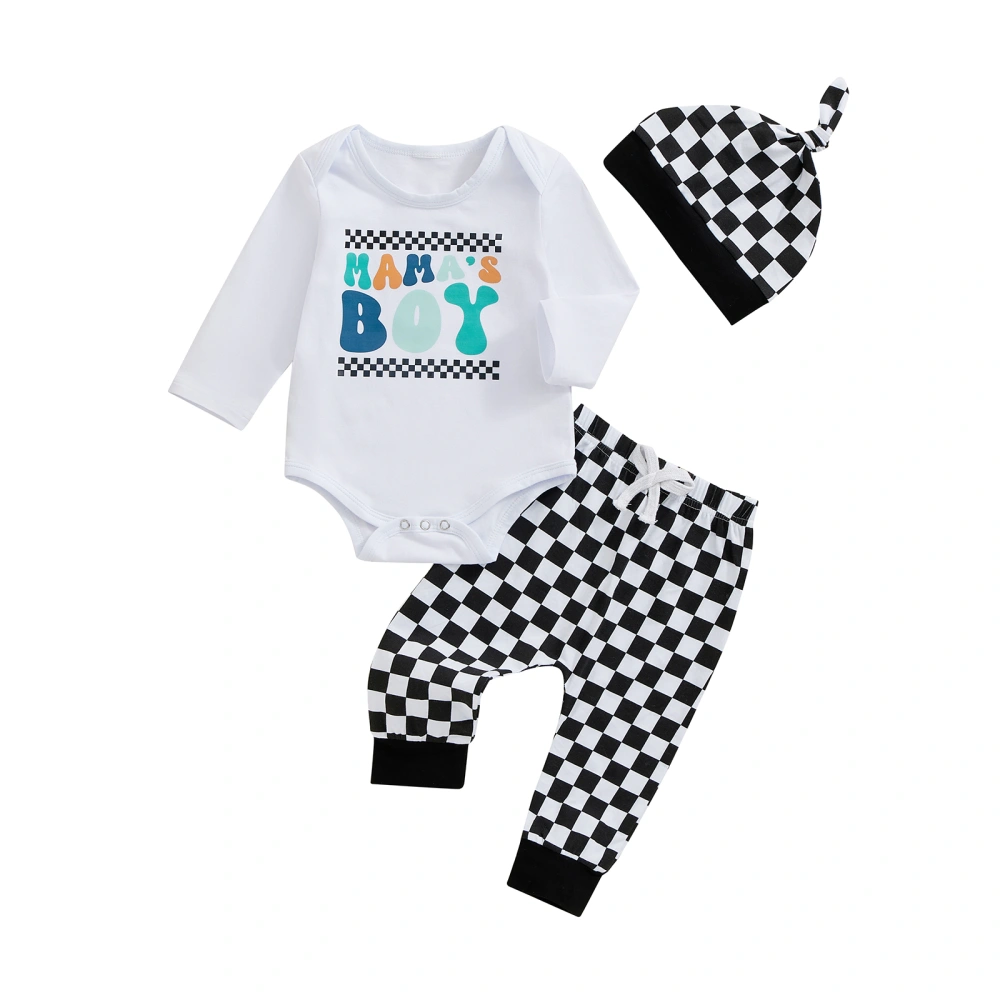 Baby Boys 3Pcs Fall Outfits Romper + Checkerboard Pants + Hat