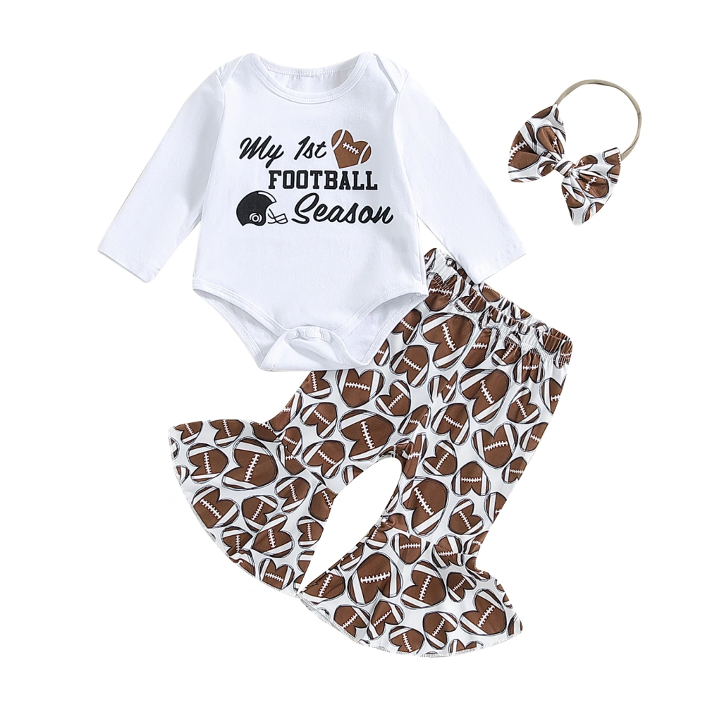 Baby Girl Football Outfit, Letter Romper Flare Pants Bow Headband