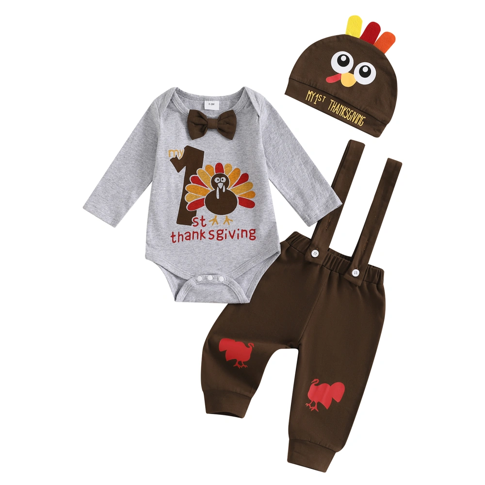 Baby Boy First Thanksgiving Outfit, Turkey Romper Suspender Pants Hat