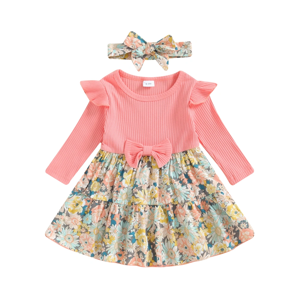 Toddler Girls Floral Print Dress 3D Bow Ruffled Ribbed Dress Headband