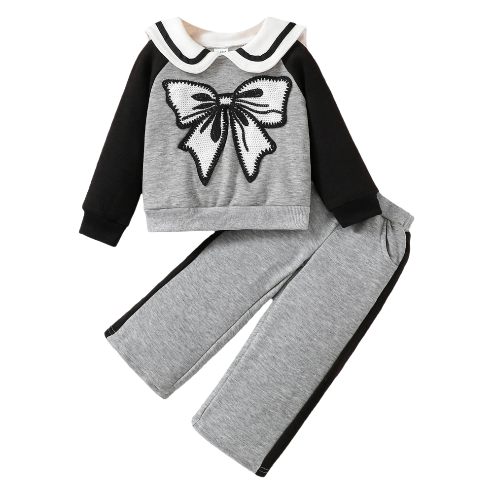 Little Girl Fall Outfit Bow Sailor Collar Sweatshirt Pants with Pocket