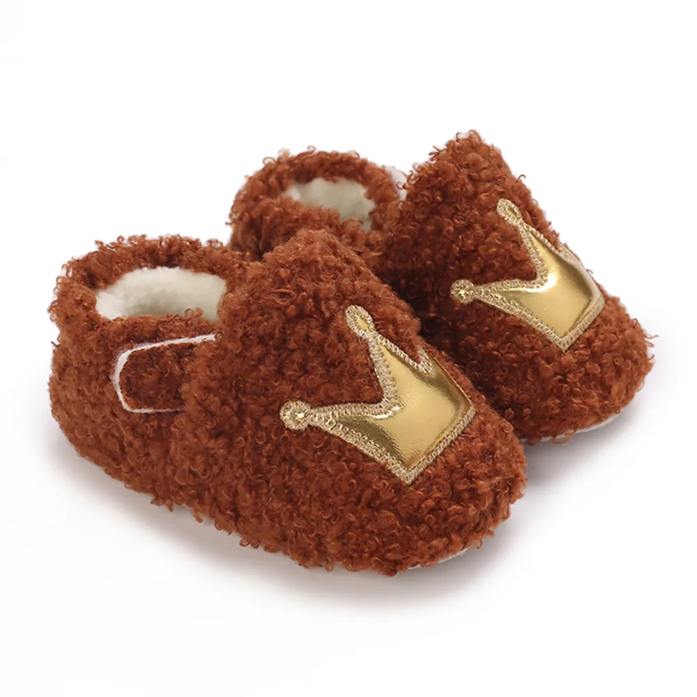 Baby Girl Warm Shoes Crown Patch Fleece Walking Shoes for Fall Winter