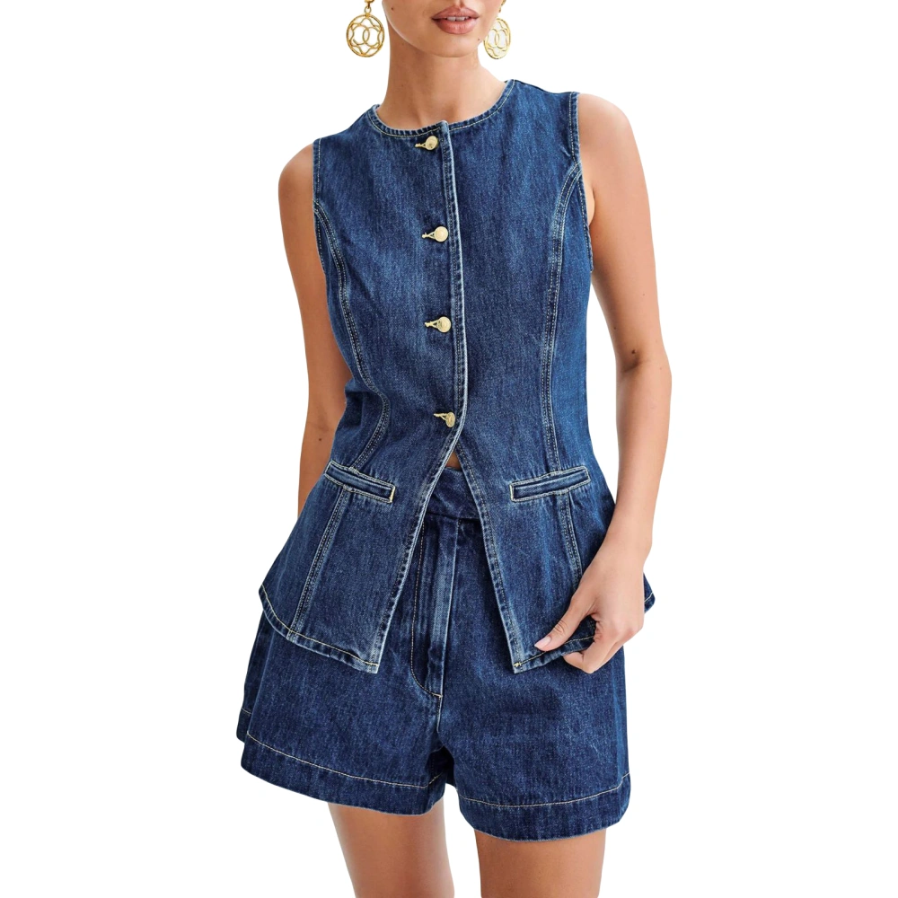 Women Denim Outfits Sleeveless Button Up Tank Tops Solid Color Shorts