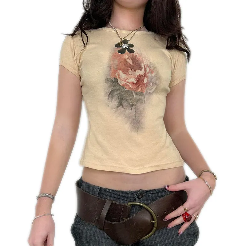 Women Slim Fit Tops Short Sleeve Round Neck Flower Print T-shirt