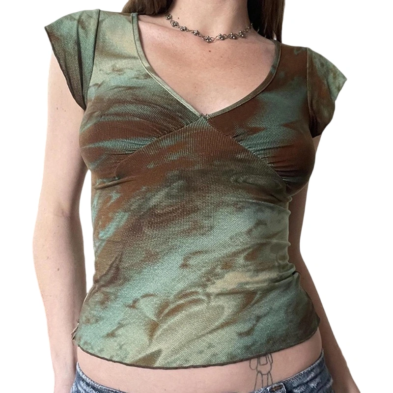 Women T-shirt, V Neck Short Sleeve Tie-dye Print Summer Tops