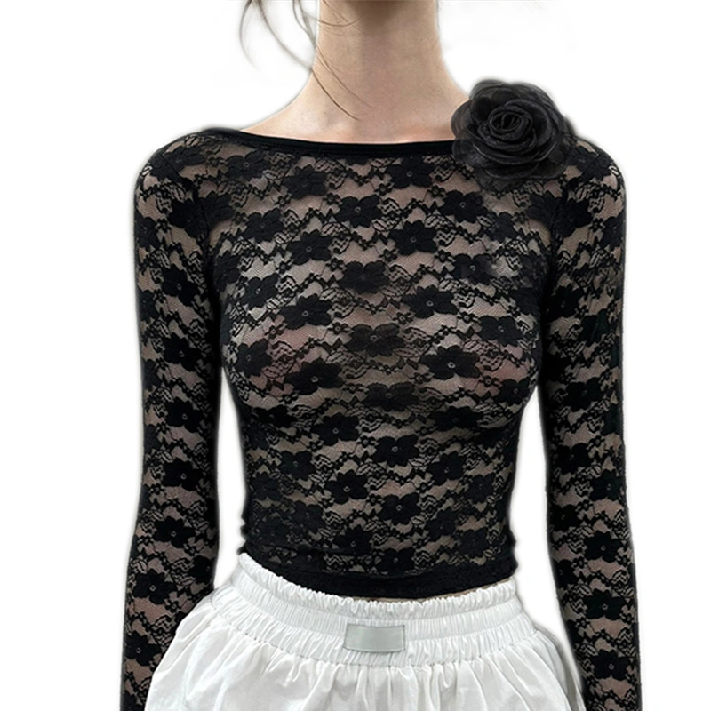 Womens Crop Lace Tops Flower See Through Open Back Long Sleeve Shirt 