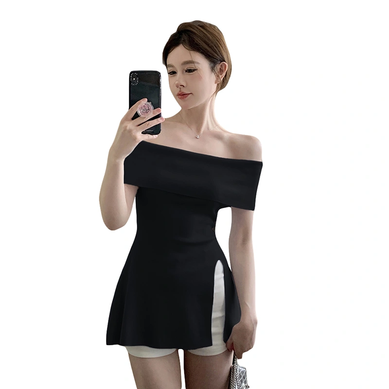 Women Off-shoulder Tops, Elegant Backless Solid Slit Knit T-shirt