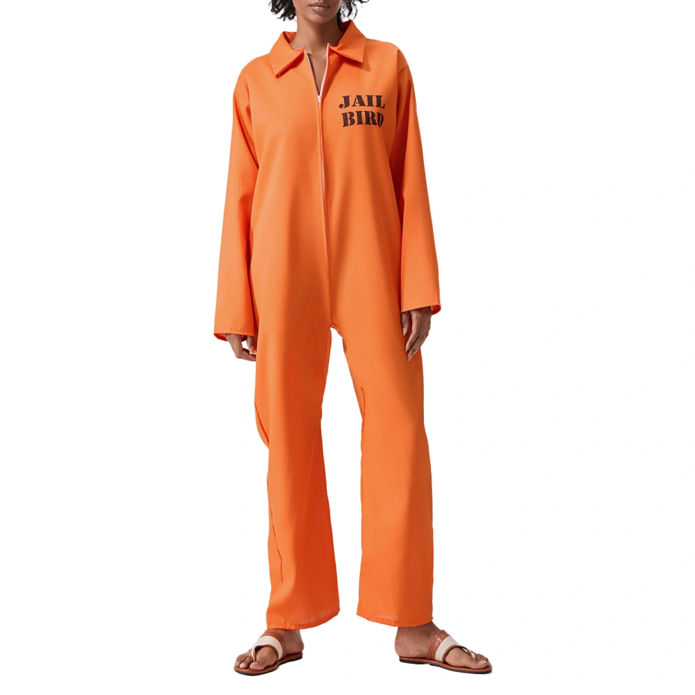 Women Prisoner Costume Long Sleeve Front Zip Up Inmate Jumpsuit