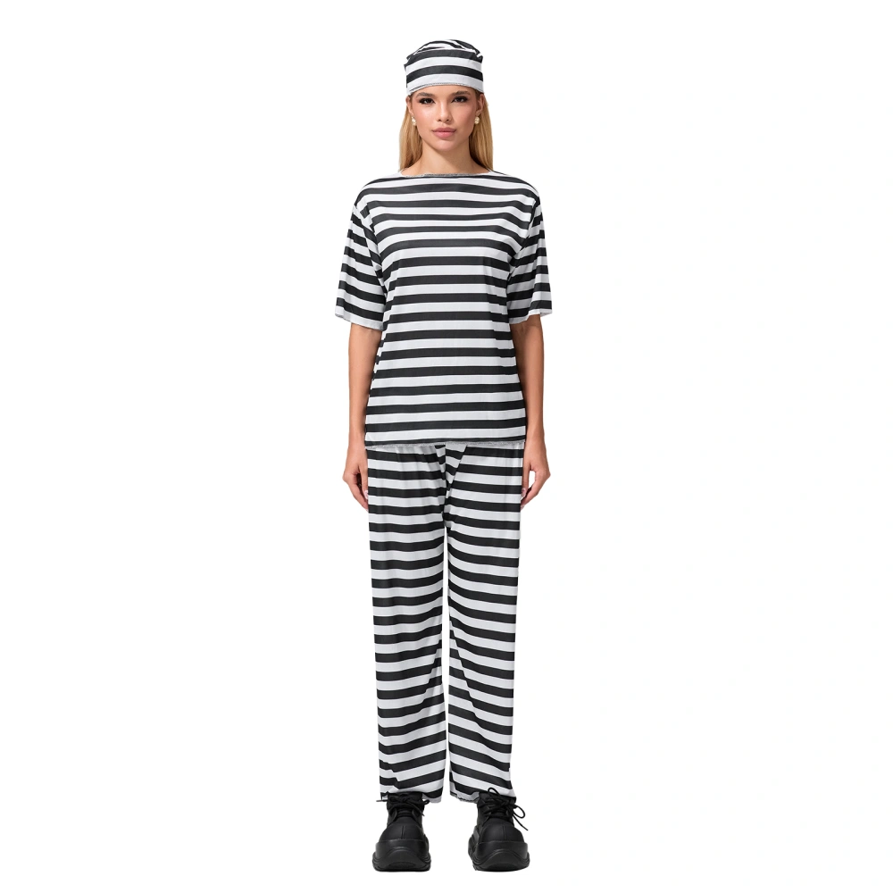 Halloween Prisoner Costume for Men Women Striped Tops Pants Hat Set