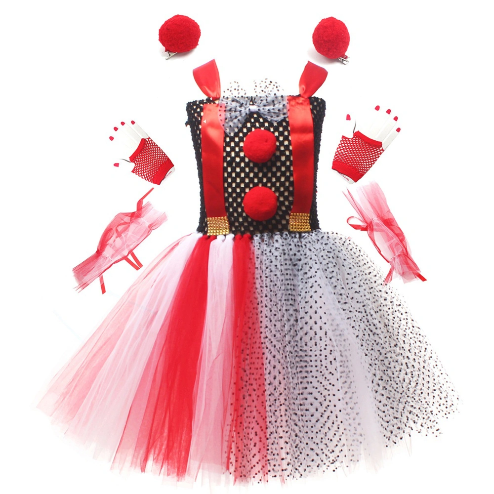 Halloween Girl’s Clown Costume Dots Tulle Dress Hair Clips Gloves