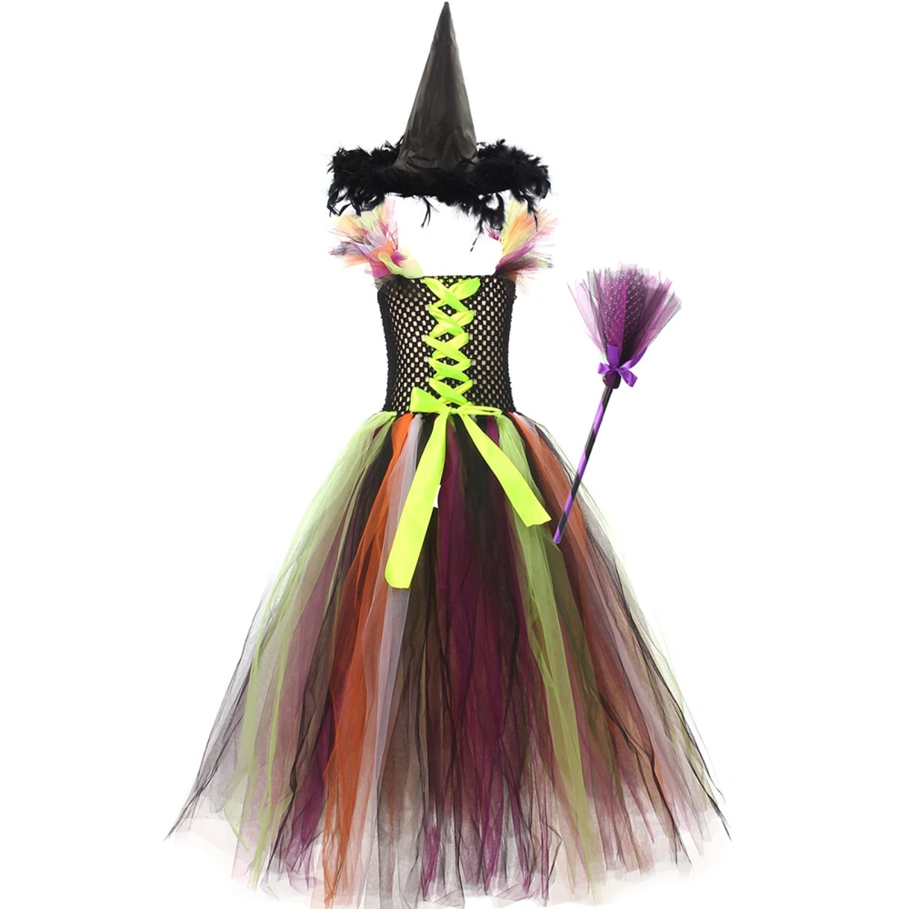 Girls Witch Costume Outfit Cross Tie-Up Tulle Dress Hat Broomstick