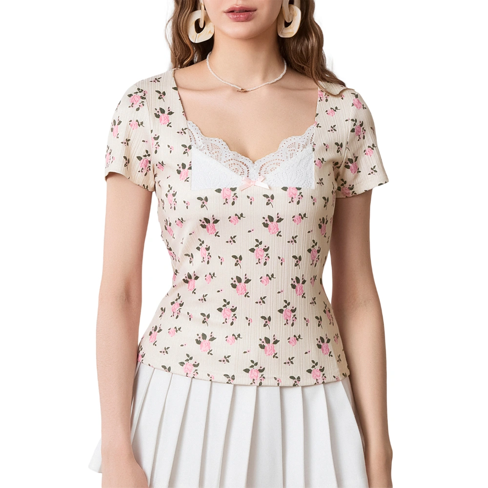 Women T-shirt, Short Sleeve Lace Trim Floral Summer Casual Tops