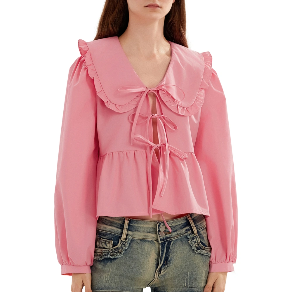 Women’s Bow Front Tops Long Sleeve Doll Collar Loose Peplum Shirts