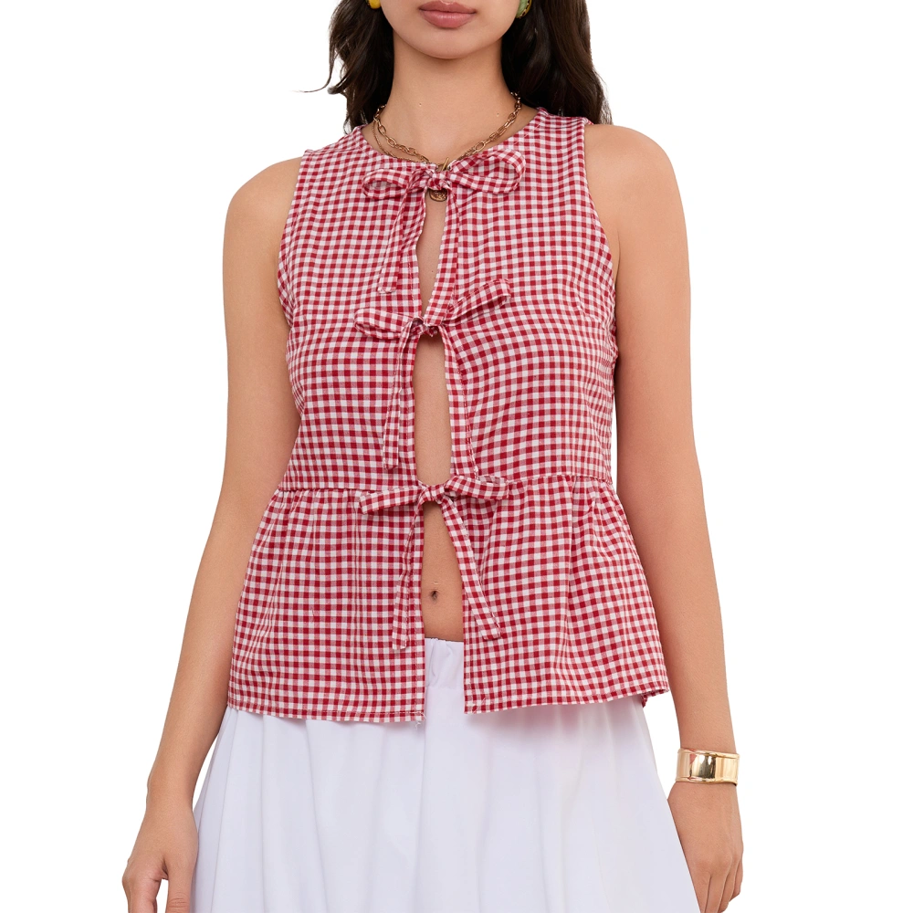 Women's Plaid Print Tank Tops Sleeveless V-Neck Bow Tie Front Vest