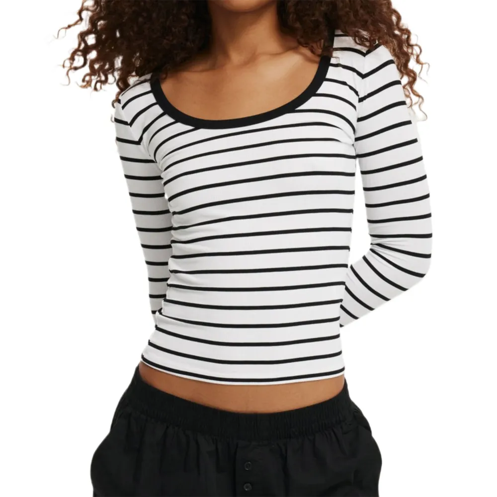 Womens Long Sleeve Tops Casual Slim Striped Scoop Neck Crop Shirt