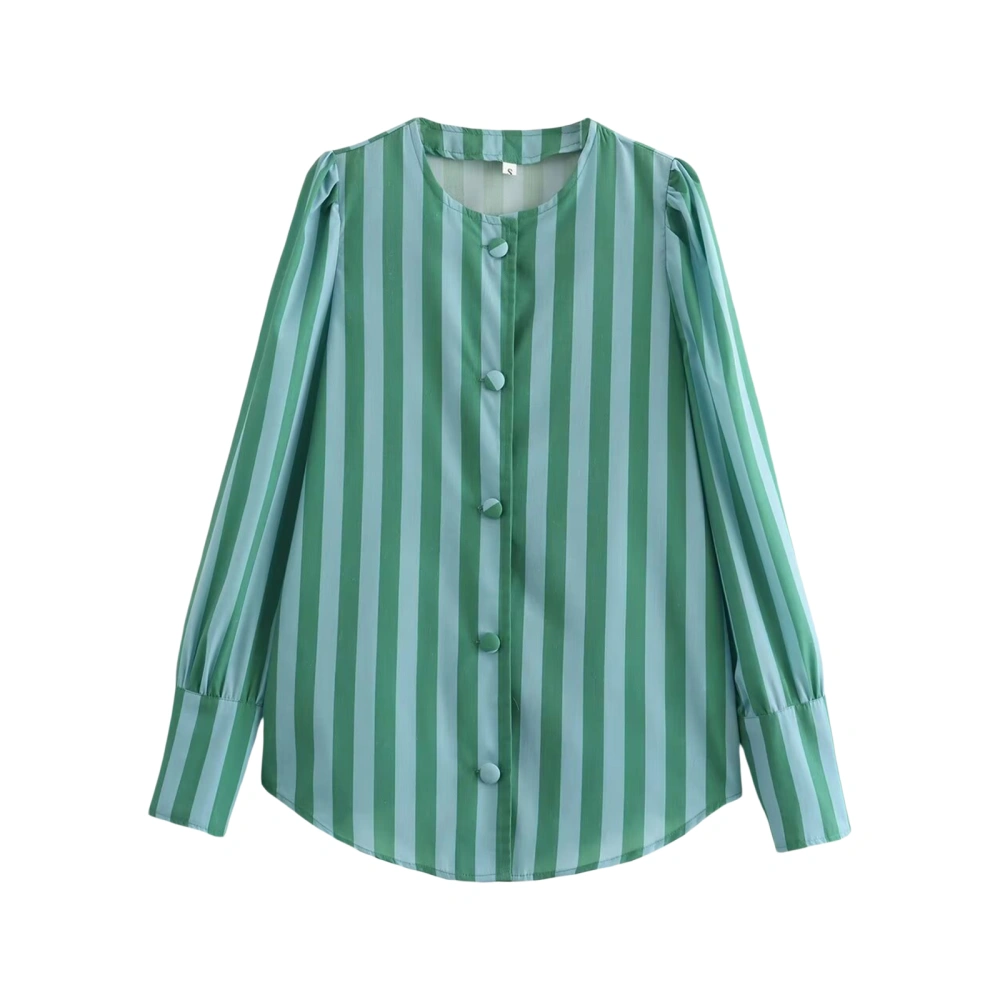 Women’s Button Down Shirts Puff Sleeve Round Neck Stripes Print Tops 