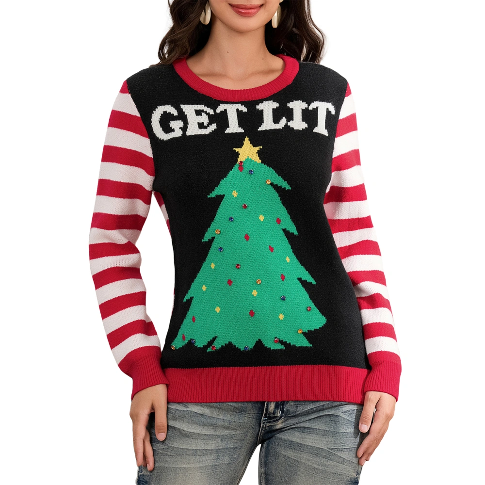 Women Knit Sweater Long Sleeve Christmas Tree Letter Print Knitwear