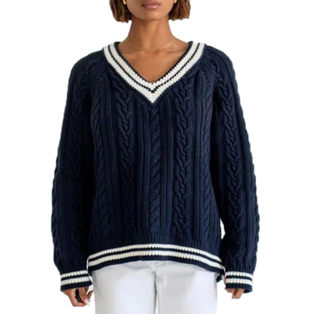 Womens Cable Sweater Contrast Trim V Neck Long Sleeve Pullover Tops