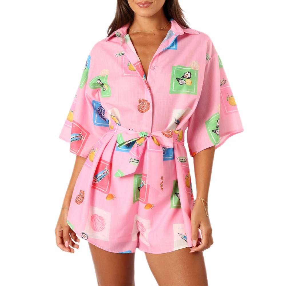 Women Pajamas Jumpsuit Print Short Sleeves Lounge Rompers with Belt