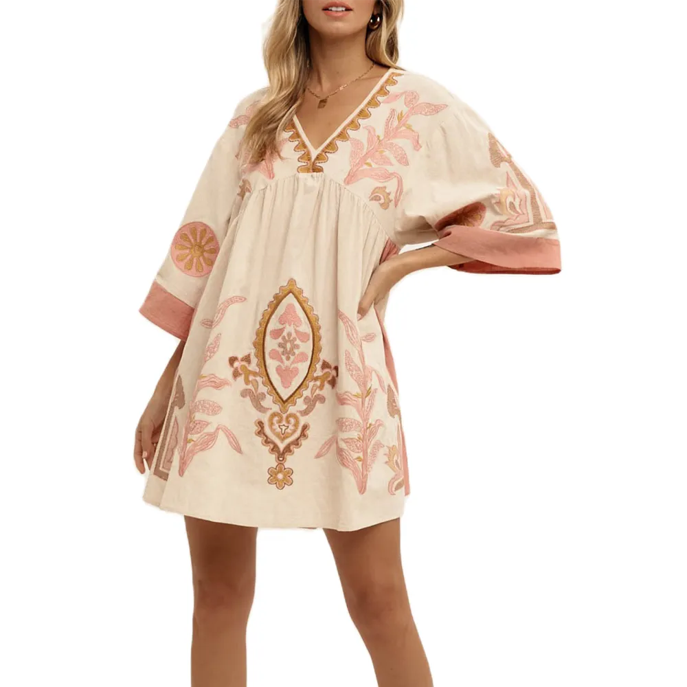 Women 3/4 Sleeve Dress Vintage Floral Embroidery Loose Mini Dress