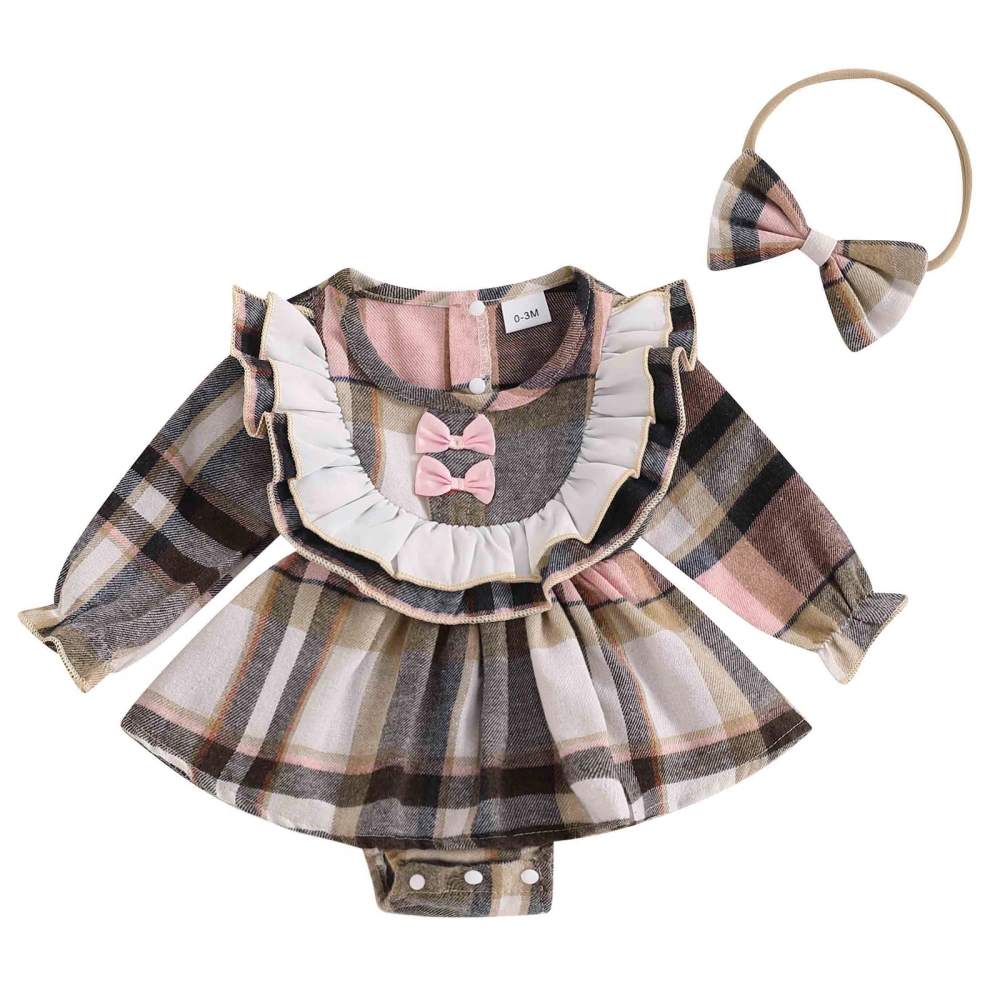 Baby Girls Rompers Dress Plaid Ruffles Bodysuits with Headband