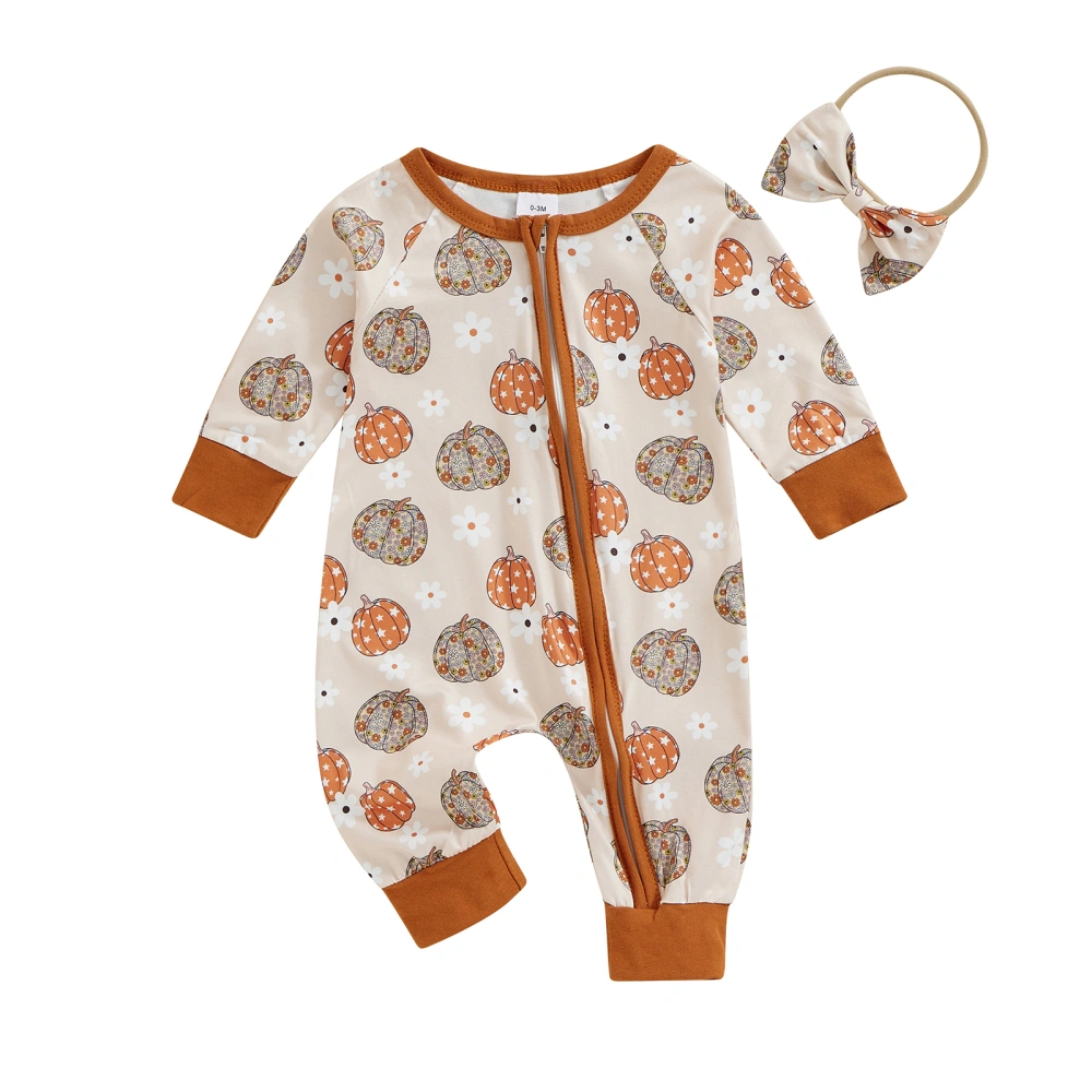 Baby Girl Halloween Bodysuits Pumpkin Daisy Zip Up Romper Headband