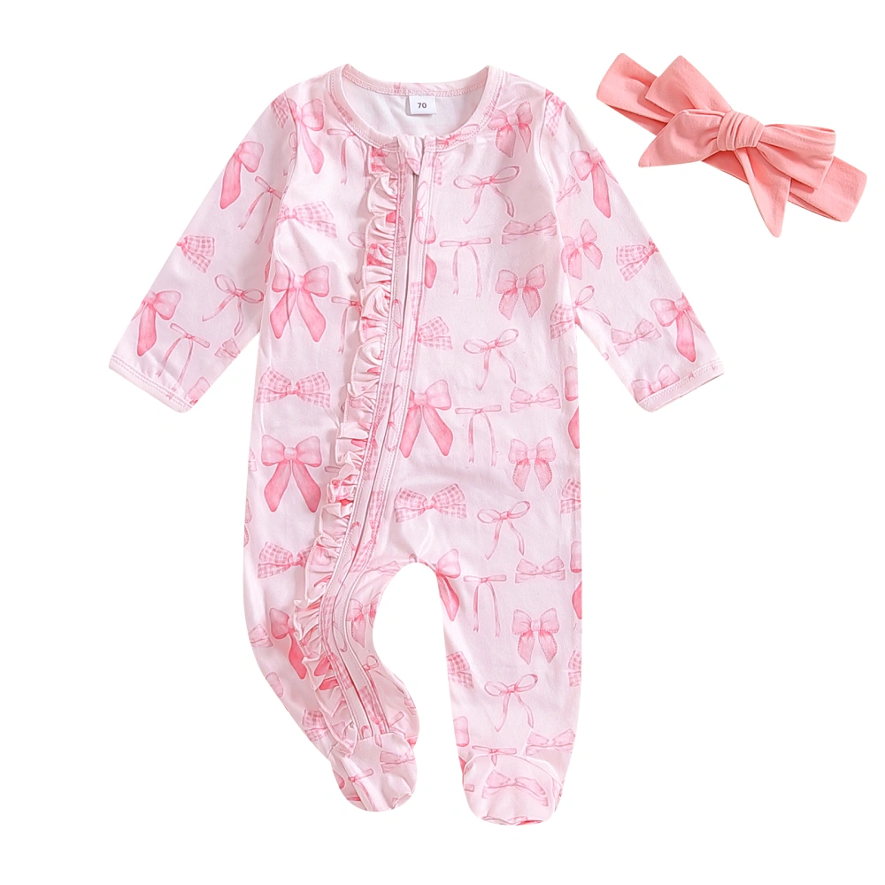 Girl Footed Jumpsuit Long Sleeve Bow Print Romper with Headband