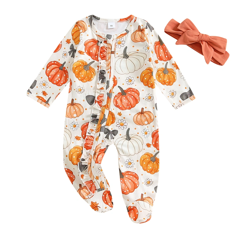 Girl Halloween Romper Pumpkin Long Sleeve Zipper Jumpsuit Headband