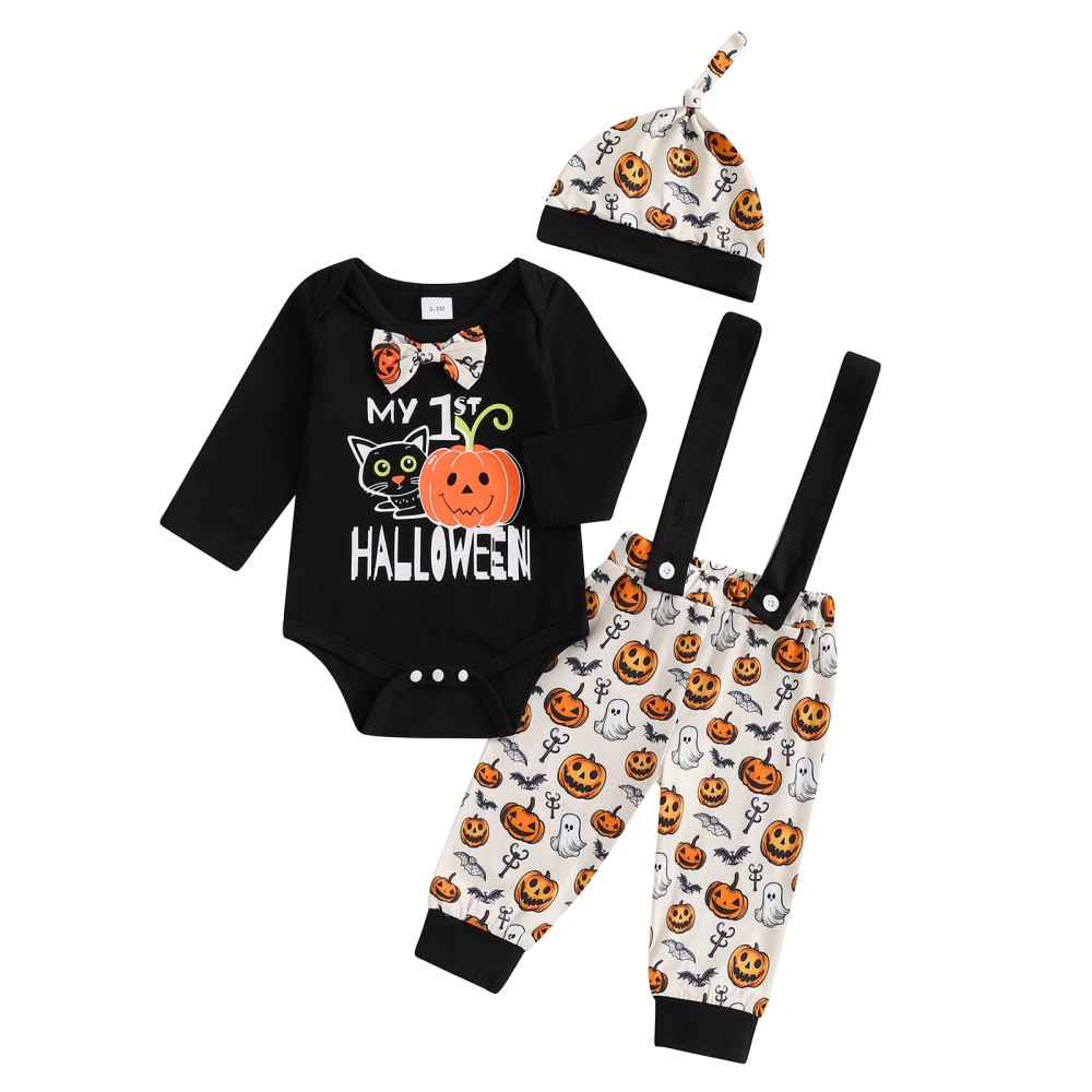 Baby Boys Halloween Outfits Pumpkin Print Rompers Pants Hat Set