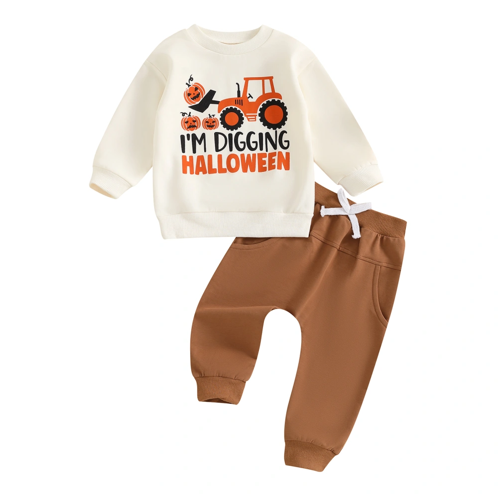 Boy Halloween Outfits Pumpkin Print Long Sleeve Sweatshirt Solid Pants