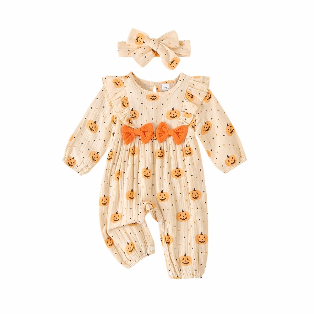 Baby Halloween Long Sleeve Pumpkin Print Jumpsuit with Headband