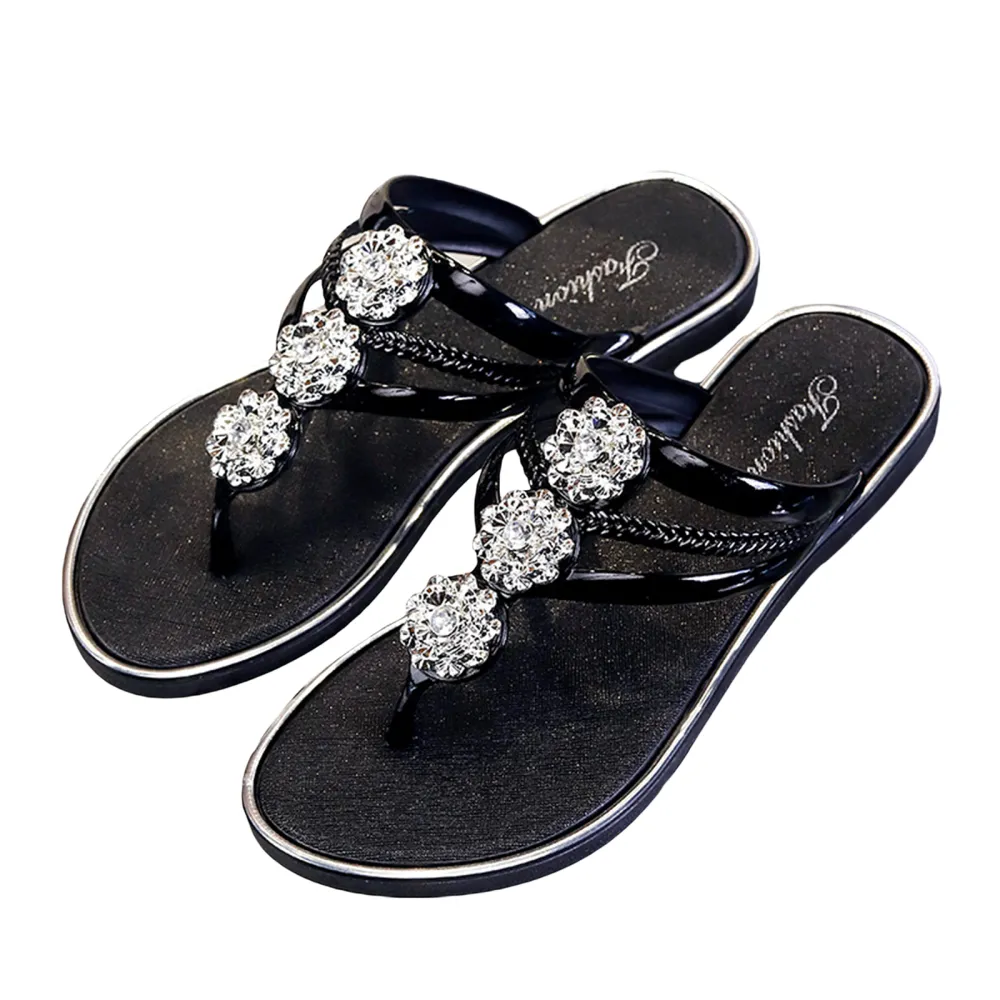 Women Flip-flop Slippers Comfortable Rhinestone Beach Flat Shoes