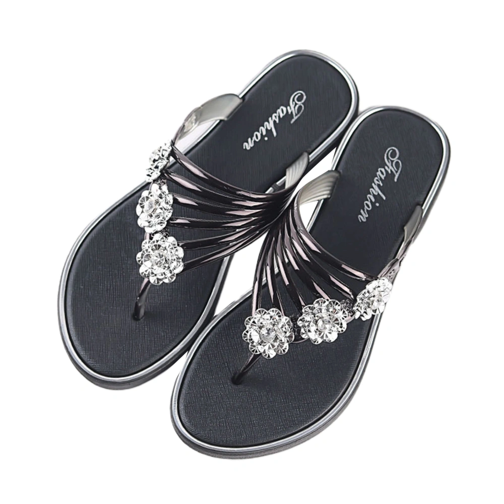 Womens Flip Flops Rhinestone Flower Flat Slippers Thong Sandals