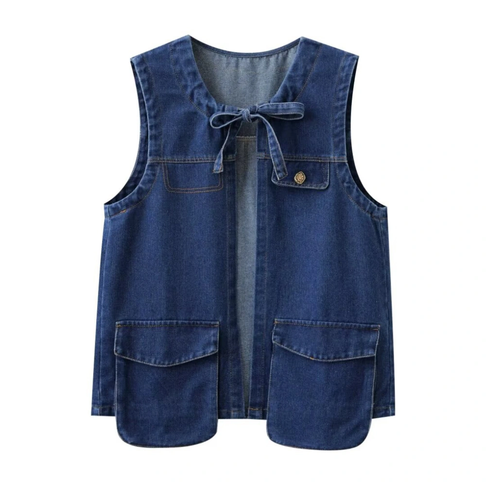 Women Denim Vests Solid Color Bow Tie Front Sleeveless Waistcoat