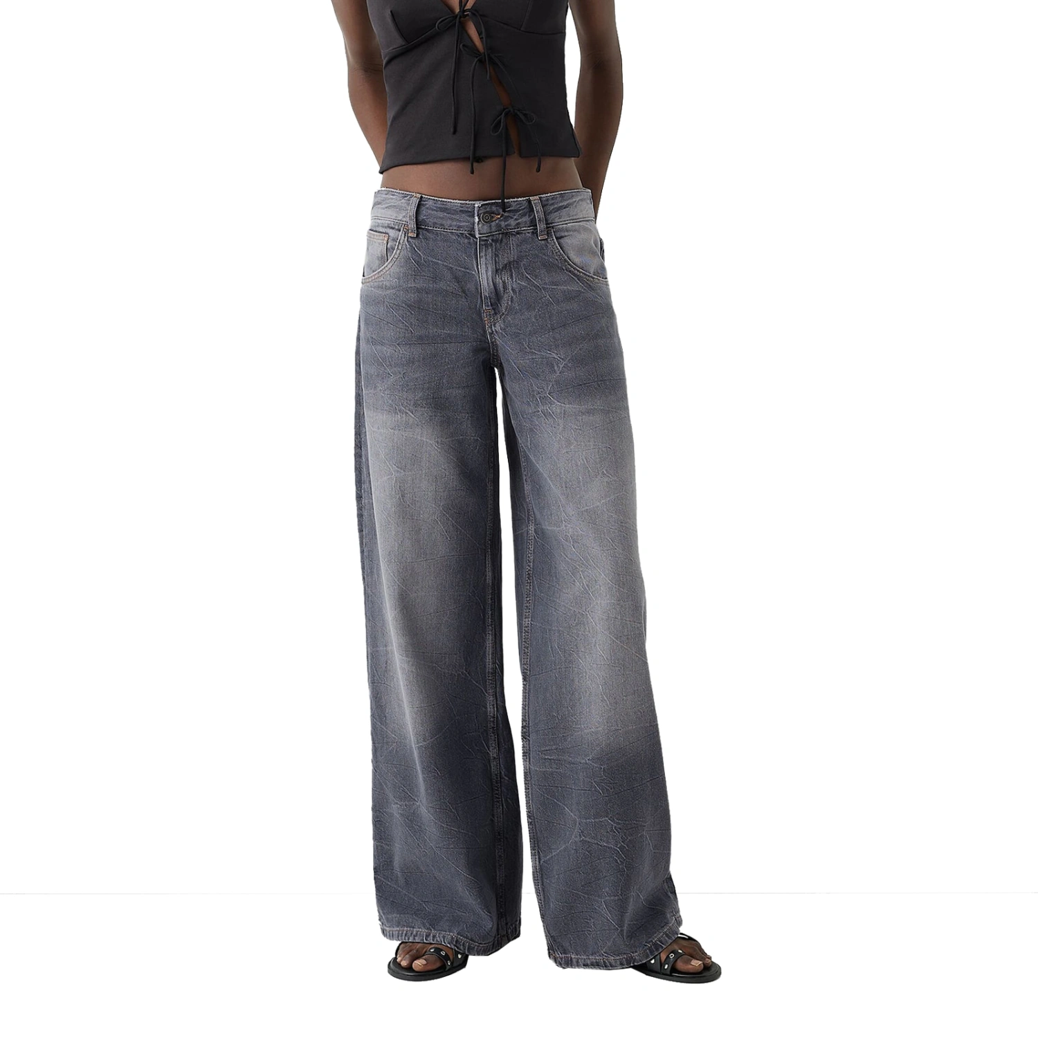 Women Fashion Baggy Jeans Textured Low Rise Spring Denim Pants