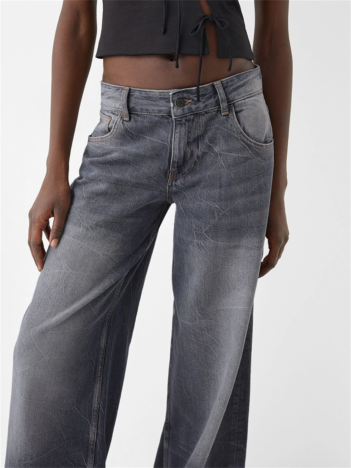 Women Fashion Baggy Jeans Textured Low Rise Spring Denim Pants
