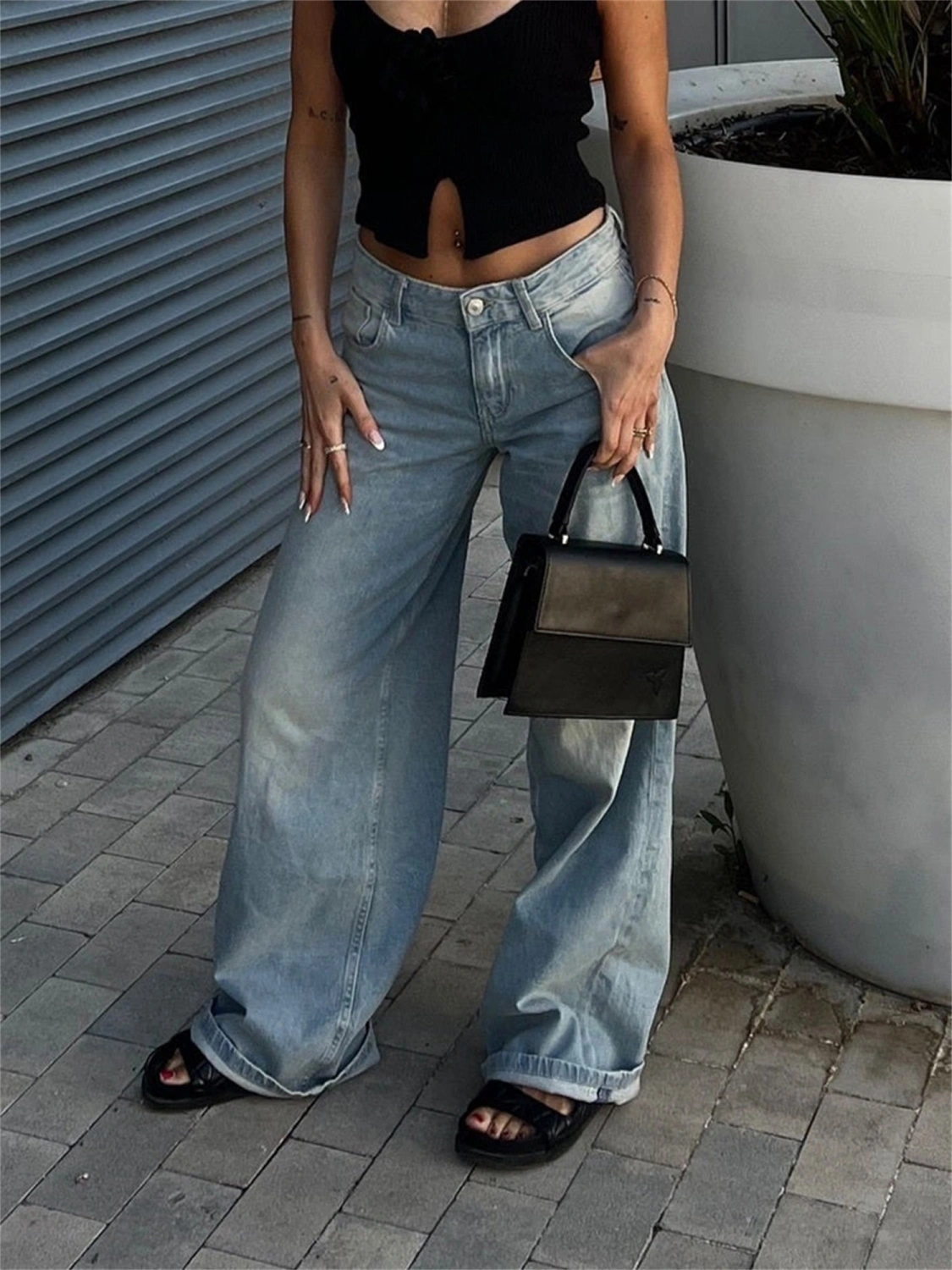 Women Fashion Baggy Jeans Textured Low Rise Spring Denim Pants