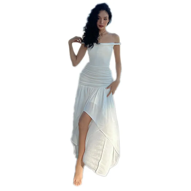 Women's Off-Shoulder Long Dress Solid Color Ruched High Low Dress