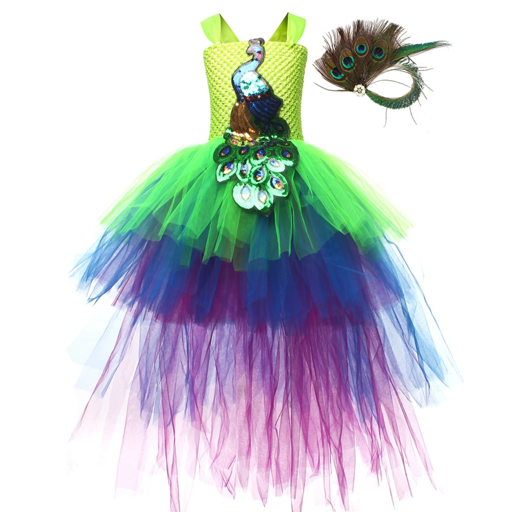 Girls Peacock Costume Set, Sequin Patch Tulle Dress Feather Hair Clip