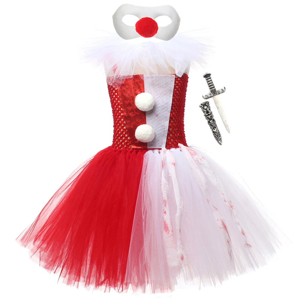 Kids Girls Halloween Costume Clown Dress with Facewear and Toy Knife