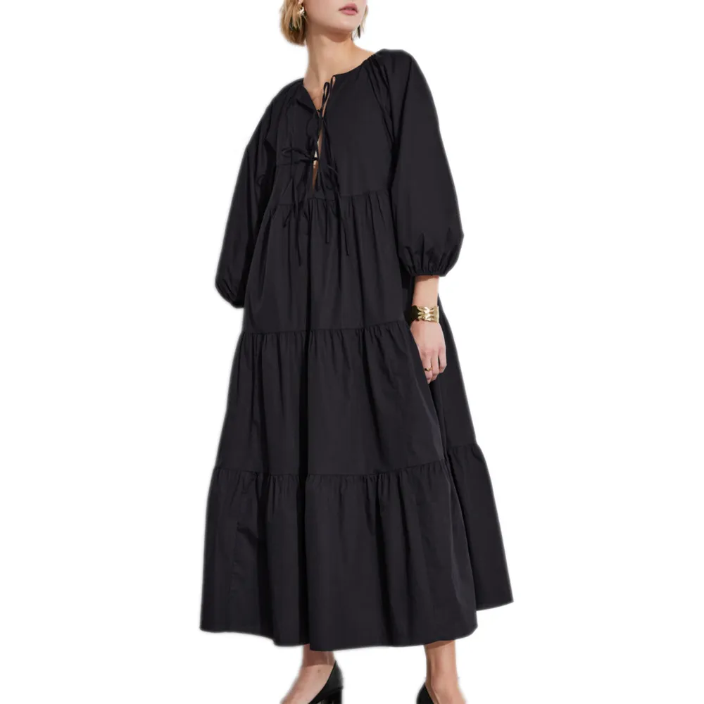 Women's Long Flowy Dress Long Sleeve Round Neck Tie-up Front Dress