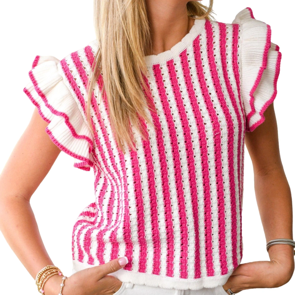 Women's Knitted Tank Tops Ruffle Sleeveless Striped Print Tops