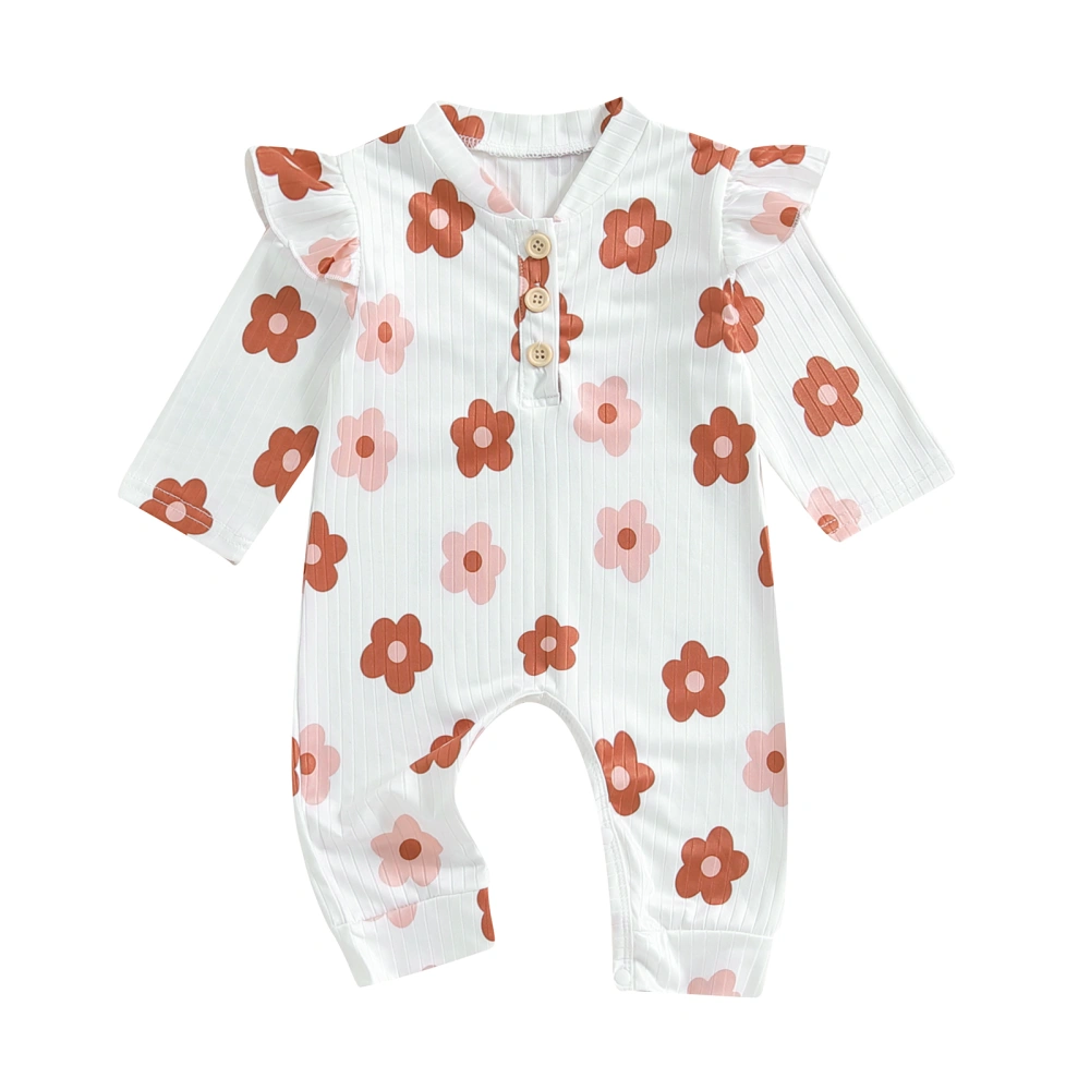 Baby Girls Button Romper Floral Print Ruffles Long Sleeve Jumpsuits